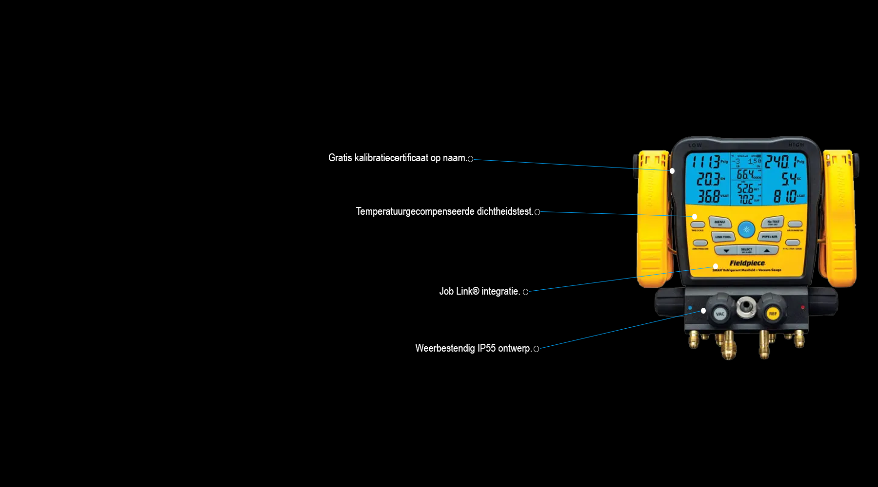Fieldpiece SM482V - digitale 4-weg manifold. Ondersteunt A1,A2L,A3 incl. BRL100 kalibratie certificaat