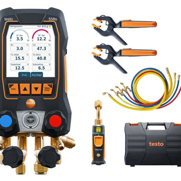 Koop nu smart vacuüm-set testo 558s - Slimme digitale manifold met draadloze temperatuur- en vacuümsondes en set van 4 vulslangen