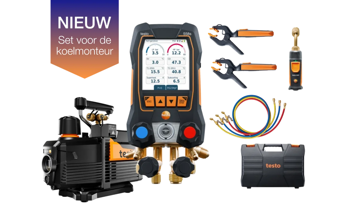 Testo 558s INCL. slangenset + Testo 565i 198L vacuümpomp - Slimme set voor de koelmonteur